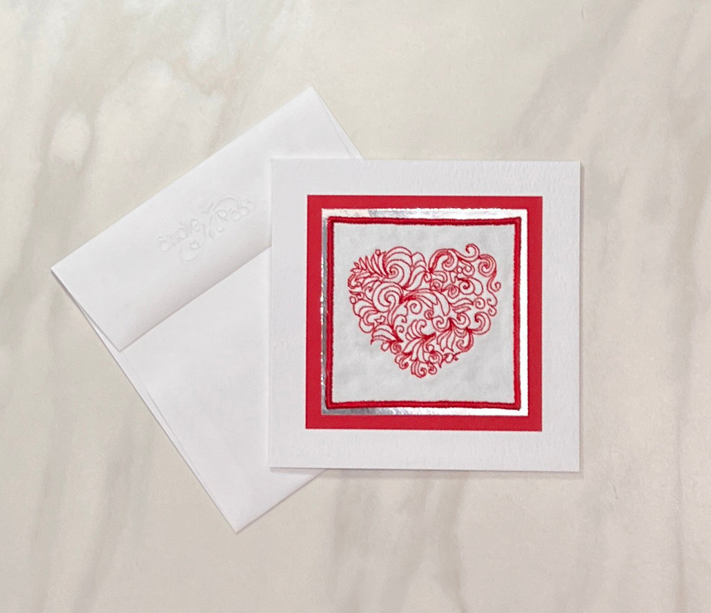5-1/4" Square Embroidered Filigree Heart Card